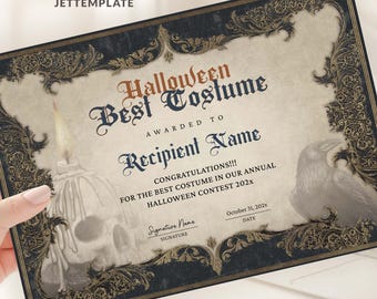 Halloween Best Costume Certificate Template, Costume Contest Award, Gothic Halloween Party Prize, Editable Printable Digital Download JetH