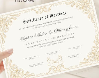 Editable Marriage Certificate Template, Printable Wedding Certificate Canva Template,  Wedding Keepsake Instant Download