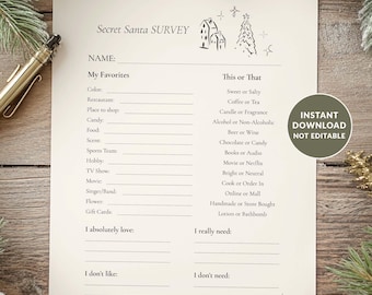 Secret Santa Questionnaire Printable, Secret Santa Survey, Christmas Gift Exchange Form, Coworker Favorite Things, Instant Download PDF