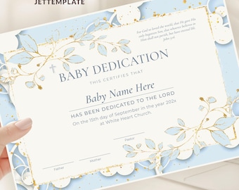 Baby Boy Dedication Certificate Template, Editable Christian Church Dedication, Blue Gold Baby Keepsake Digital Download Jet276