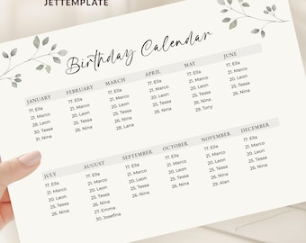 May include: A white birthday calendar template featuring black text and gray leaf illustrations. The document includes months from January to December with placeholder names and dates. Text reads: Edit online with Jettemplate, Digital template, Unlimited edits & downloads, A4 & US letter included.