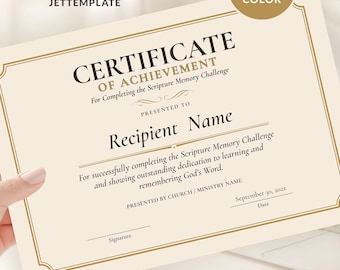 Scripture Memory Challenge Certificate Template, Bible Study Award, Sunday School Certificate, Church Achievement Award Digital Download 229