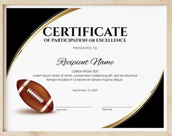 Editable American Football Certificate Template, Sports Certificate Award Printable Football Award Certificate Digital Download, Jet151