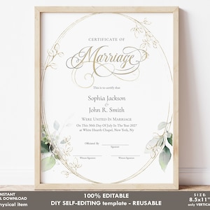 Hochzeitsandenken-Zertifikatsvorlage, bearbeitbare Heiratsurkunde, druckbare Heiratsurkunde, Gold Greenery, Geschenk-Download Jet089