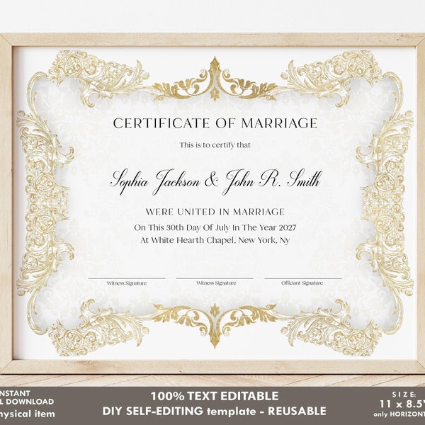 Elegant Marriage Certificate Template, Editable Certificate of Marriage, Wedding Keepsake, Greenery, Personalized Gift Download Jet260