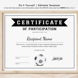 EDITABLE Soccer Football Certificate Template, Sports Certificate Award, Printable Sports Certificate Soccer Football Award Download Jet082