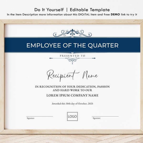 Editable Employee of the Quarter Certificate Template, Minimalist Printable Employee of the Month Year Company Award Instant Download Jet046