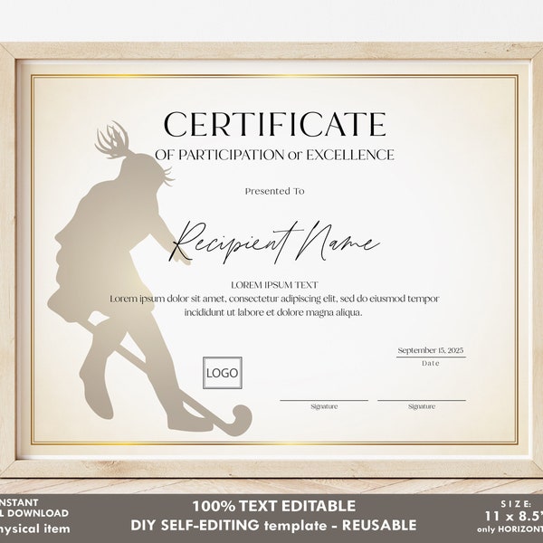 EDITABLE Women's Field Hockey Certificate Template, Sports Certificate Award, Printable Sports Certificates, Hockey Award, Download Jet265