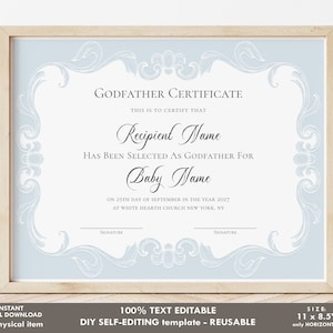 Bearbeitbare Pate Zertifikatsvorlage, druckbare Taufe Zertifikat Elegant Dusty Blue moderne Geschenk Pate Zertifikat Download, Jet236