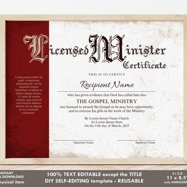 Editable Licensed Minister Certificate Template, Printable Vintage Certificate of License, License to Preach, Instant Download, Jet087