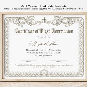 First Communion Certificate Template Editable Printable Etsy