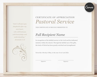 Pastor Appreciation Certificate, Editable Pastor Certificate, Pastor Anniversary Award, Printable Church Certificate Canva Digital Download