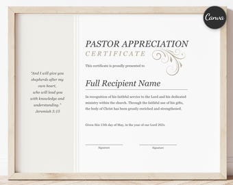 Pastorsuppskattningsintyg Canva Redigerbar pastorsintygmall Pastorsjubileumsutmärkelse Utskrivbar kyrklig erkännande Ladda ner
