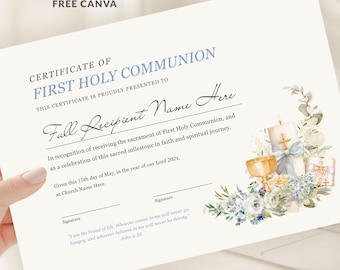First Holy Communion Certificate for Boy, Editable Canva Template, Blue Catholic Communion Keepsake (Digital Download)
