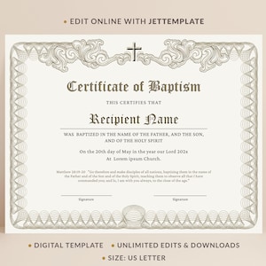 May include: A Certificate of Baptism template on A4-sized paper featuring a decorative border with intricate line work, a cross at the top centre, and black text. The document includes fields for recipient name, date, church name, and two signature lines.