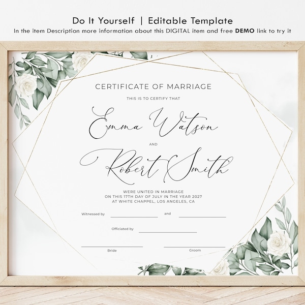 Greenery Wedding Certificate Template, Editable Printable Wedding Keepsake, Marriage, Commitment, Vow Renewal DIY Digital Download Jet W004