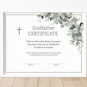 Plantilla de certificado de padrino editable, certificado de recuerdo de bautismo minimalista imprimible, certificado de regalo de padrino moderno, descarga Jet107