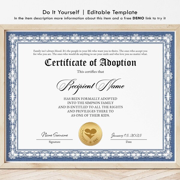 Adoption to Our Family Certificate Template, Editable Stepmother Stepfather Gift Certificate of Adoption, Gift for Adoption Download Jet283