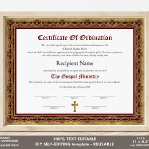 Editable Ordination Certificate Template, Credential of Ministry Certificate, Elegant Certificate of Ordination, Digital Download, Jet284