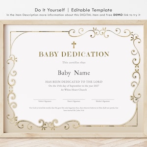 Plantilla de certificado de dedicación de bebé, bautismo, bautizo, vegetación dorada moderna, plantillas de iglesia editables e imprimibles, descarga Jet300