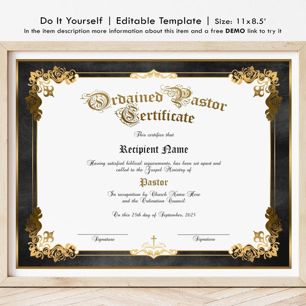 Pastor Ordination Certificate Template, Editable Certificate of Ordination, Printable Ministry Certificate, Church Certificate Jet169