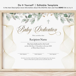 Plantilla de certificado de dedicación de bebé. Certificado editable de dedicación de bebé. Certificado imprimible de dedicación de Greenery Gold. Descarga Jet309.