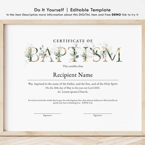 Plantilla de certificado de bautismo editable, certificado de bautismo imprimible, plantilla minimalista de bautismo con vegetación, descarga instantánea, Jet309