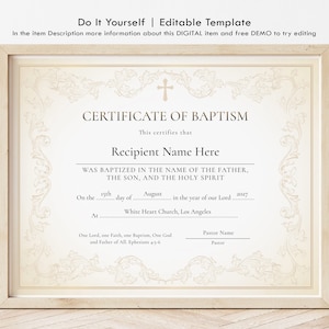 Plantilla de certificado de bautismo editable, certificado de bautismo imprimible con cruz, elegante plantilla de bautismo digital, Jet314