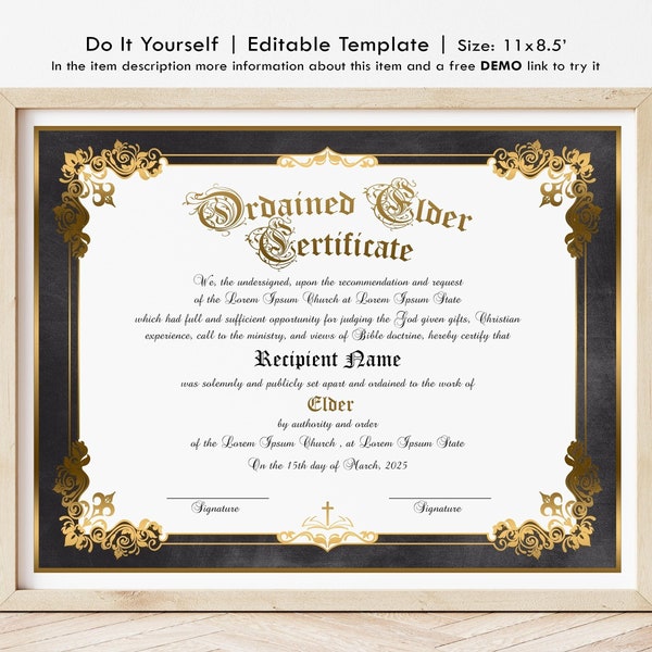 Editable Ordained Elder Certificate Template Printable Vintage Luxury Certificate of Ordination, Elder Certificate, Download Jet169