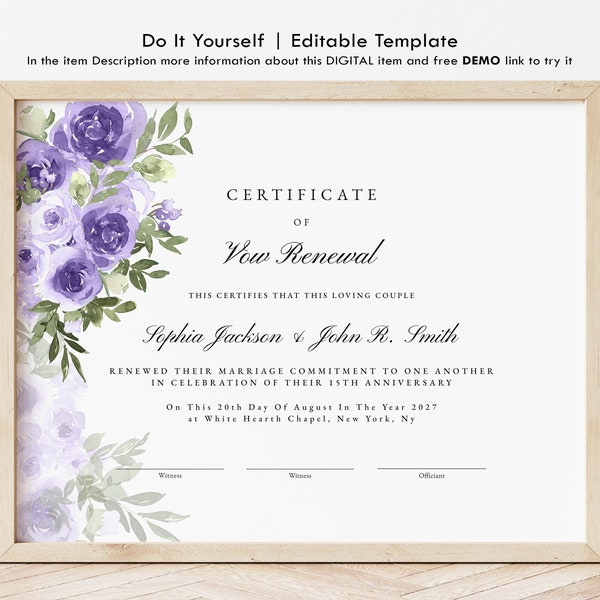 Elegant Vow Renewal Certificate Template, Printable Marriage Commitment Certificate, Editable, Printable, Wedding Gift Download Jet306