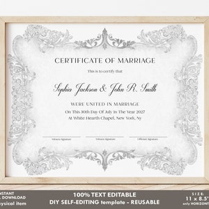 Elegant Marriage Certificate Template, Editable Certificate of Marriage, Wedding Keepsake, Greenery, Personalized Gift Download Jet260