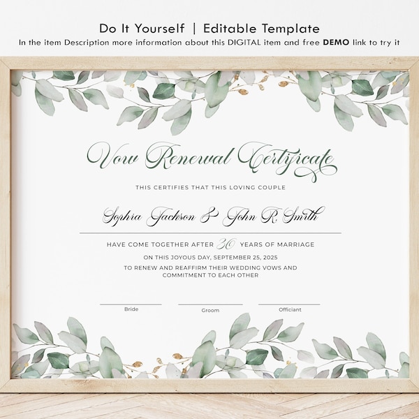 Editable Vow Renewal Certificate, Wedding Anniversary Certificate Template Vow Renewal Ceremony Gift Certificate of Marriage Download Jet309