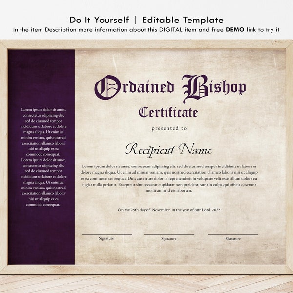 Editable Ordained Bishop Certificate Template, Ordination Certificate, Consecration Certificate, Church Credential, Digital Download Jet065