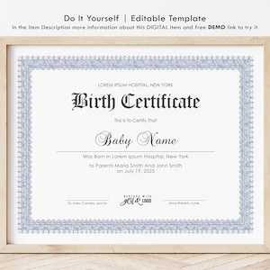 Birth Certificate Template Printable Certificate of Birth Baby Boy Gift