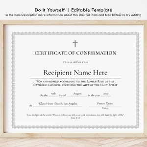 Certificat de confirmation, certificat de confirmation religieux catholique modifiable, imprimables religieux minimalistes en téléchargement numérique Jet196