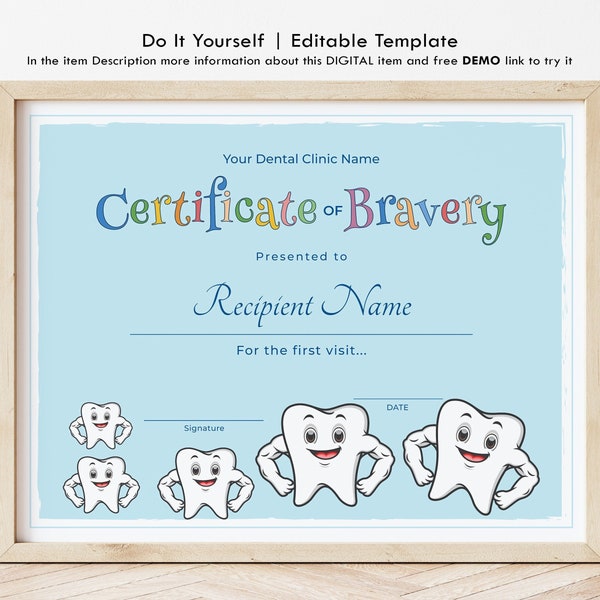 Editable Dentist Certificate of Bravery Kids Certificate Template, Dentist First Visit, Dental Clinic Custom Certificate Download, Jet143