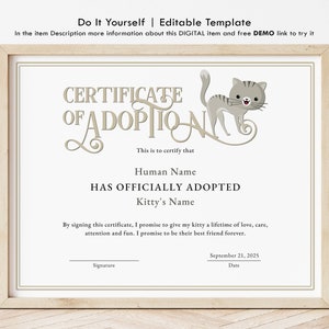 Pet Adoption Certificate Template, EDITABLE Kitty Cat Adoption, Minimalist, Cat Birthday Party, Adopt a Cat Certificate Download Jet186