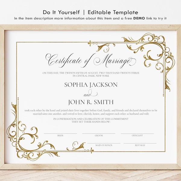 Editable Certificate of Marriage, Wedding Keepsake Certificate Template, Custom Marriage Certificate, Personalized Wedding Gift Download 282