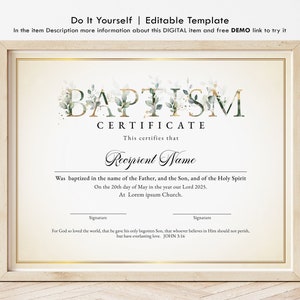Plantilla de certificado de bautismo editable, certificado de bautismo imprimible, elegante plantilla de bautismo con vegetación, descarga instantánea, Jet309