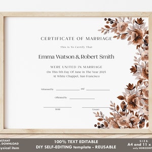 Plantilla de certificado de boda rústico, recuerdo de boda, certificado de matrimonio, flores marrones en acuarela, certificado editable, descarga Jet018