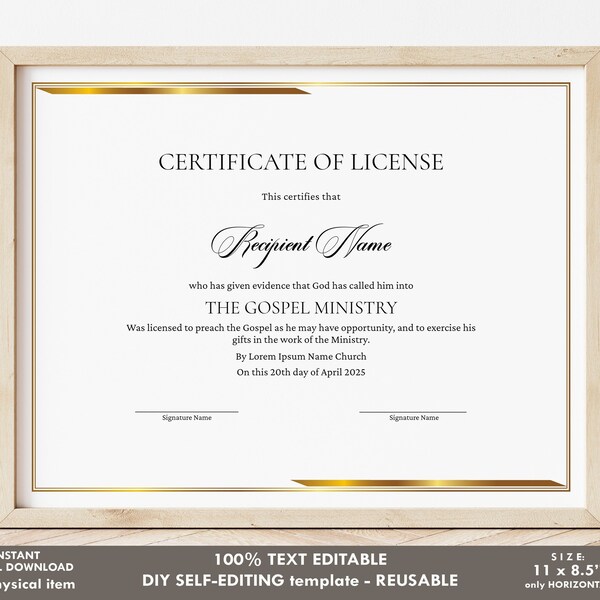 Minister License Certificate Template Etsy