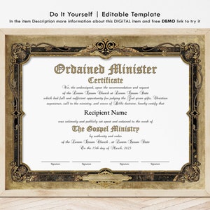 Editable Ordained Minister Certificate Template Printable Vintage