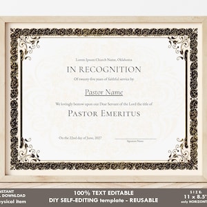 Pastor Emeritus Church Recognition Certificate Template Church Award