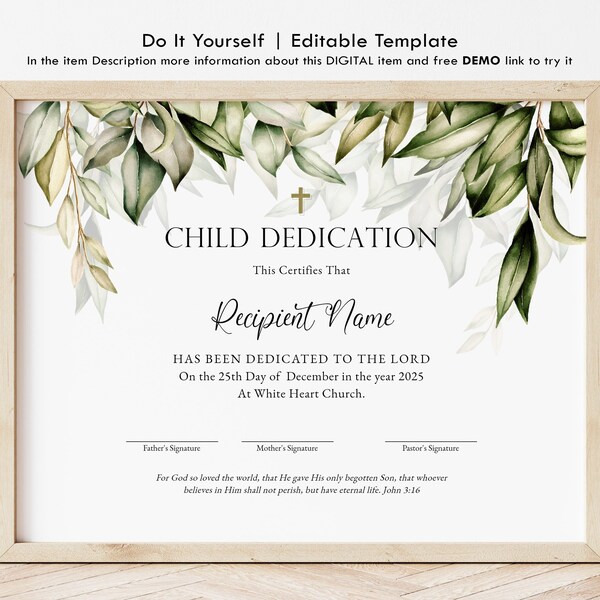 Greenery Child Dedication Certificate Template, Baby Dedication, Editable Baby Christening Printable Baptism Certificate Download Jet261