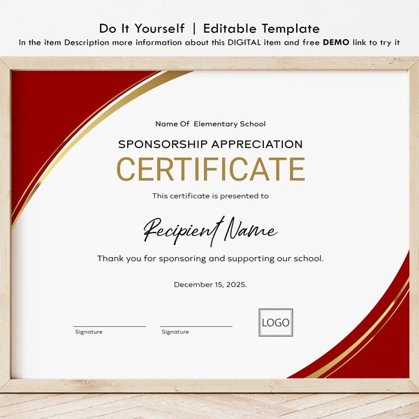 Appreciation Certificate Template, School Sponsorship Certificate, EDITABLE Certificate of Appreciation, Gift Certificate Download, Jet149