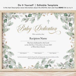 Plantilla de certificado de dedicación de bebé. Certificado editable de dedicación de bebé. Certificado imprimible de dedicación de Greenery Gold. Descarga Jet309.