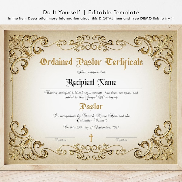Pastor Ordination Certificate Template Etsy Pastor Ordination Certificate Template Etsy