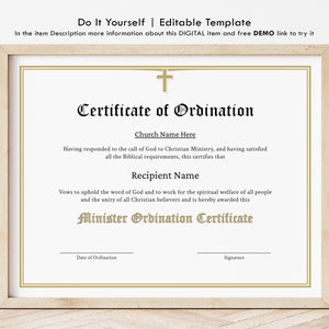 Minister Ordination Certificate Template, Editable Certificate of Ordination, Printable Ministry Church Certificate, Instant Download Jet296
