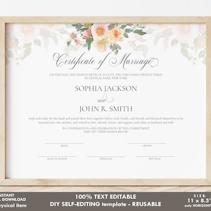 Bearbeitbare Heiratsurkunde, Hochzeitsandenken-Zertifikatsvorlage, Benutzerdefinierte Heiratsurkunde Aquarell, Download Jet152