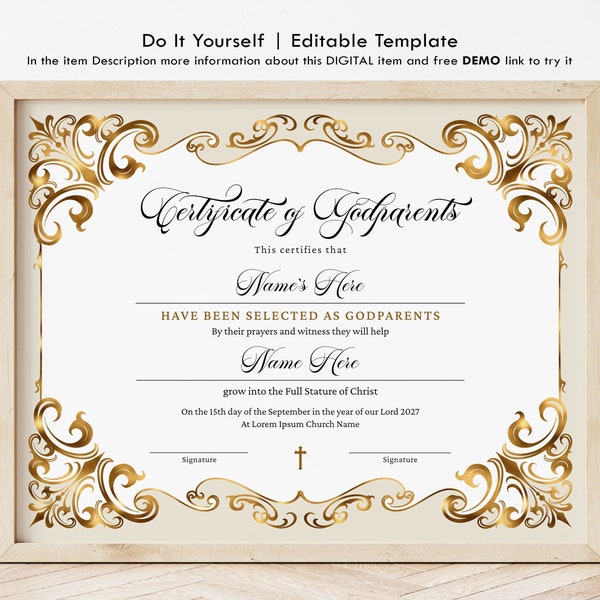 Editable Godparents Certificate Template, Godmother Godfather Printable Baptism Certificate Elegant Gold Gift Certificate Download Jet310